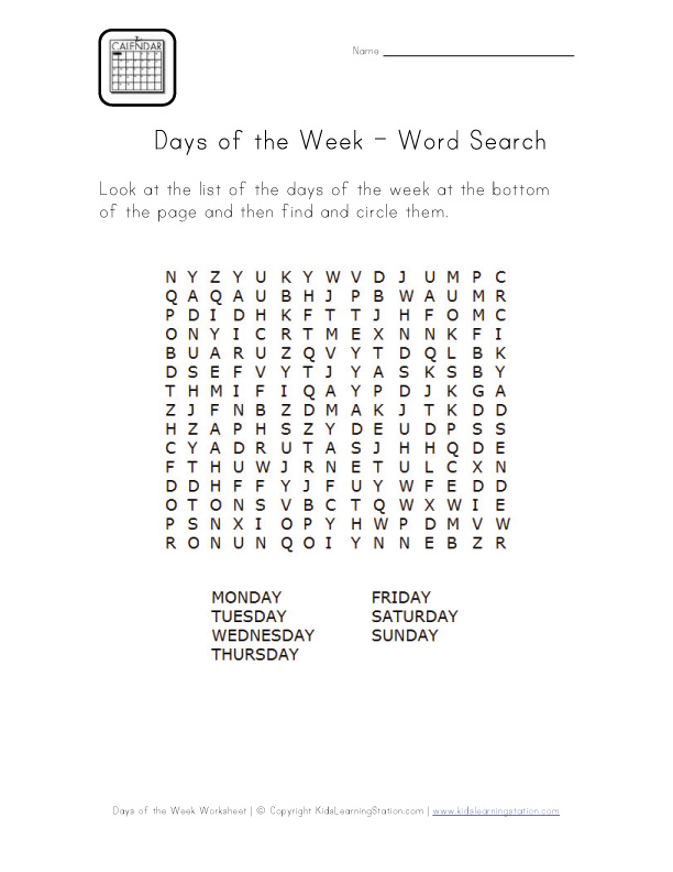 days word search worksheet
