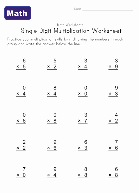 Single Digit Multiplication Practice Worksheets