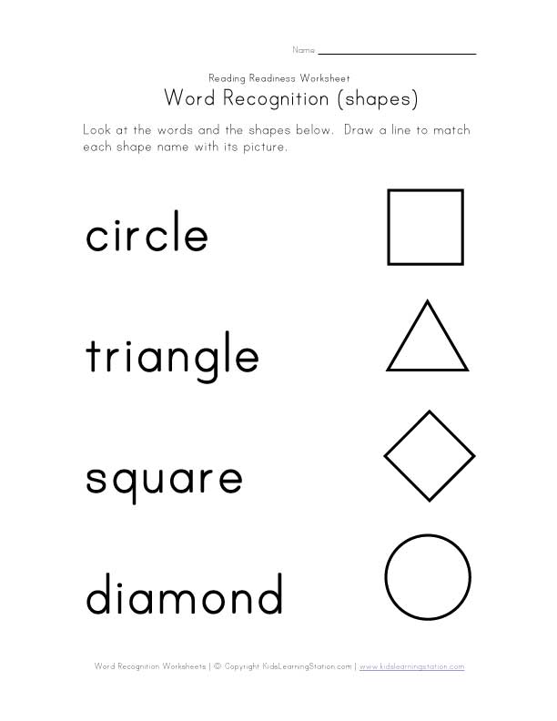 word recognition worksheet shapes