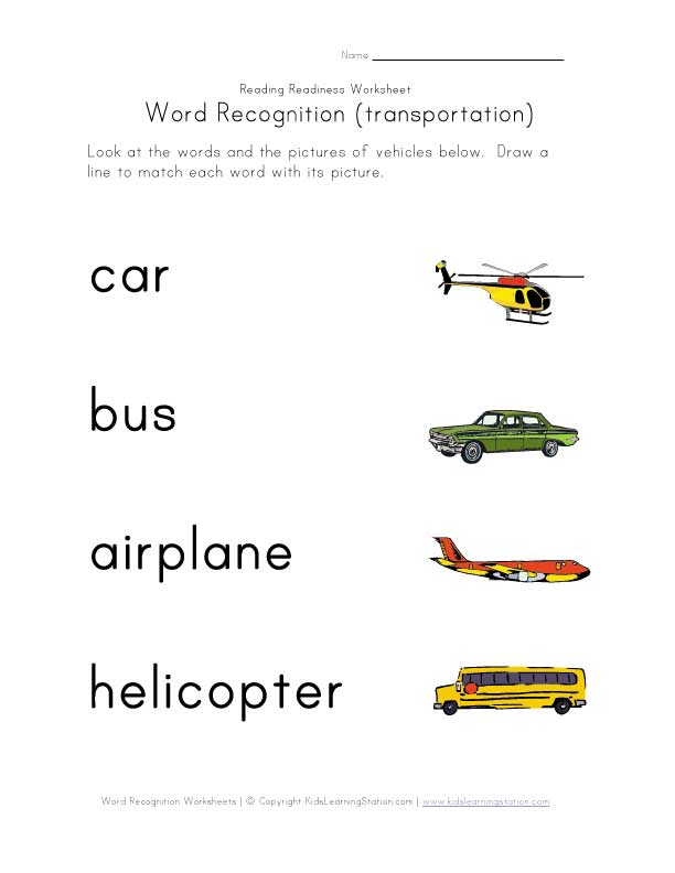 word recognition worksheet transportation